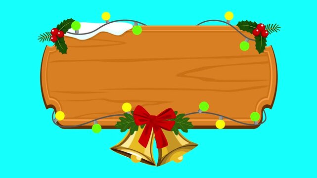 Festive blank wooden Christmas sign decorated with colorful holiday lights, holly, evergreen branches and golden bells on blue screen. Customizable copy space for Christmas greetings.