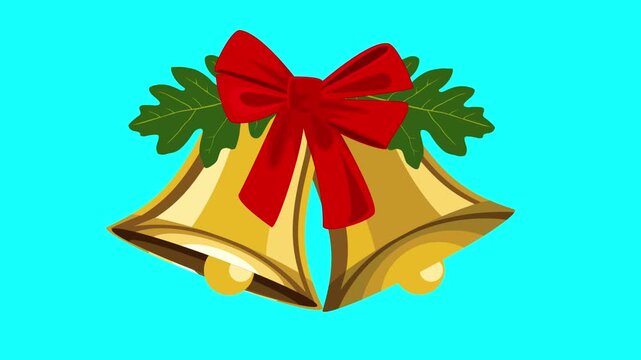 Christmas bell decoration featuring golden jingle bells tied with a large red ribbon bow and leaves. Motion graphic as Christmas video element for holiday greetings and commercial use.