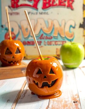 Halloween Jack O Lantern Candy Apples Displayed.
