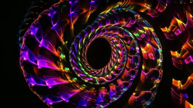 Vibrant abstract spiral design with colorful light trails creating a mesmerizing visual effect. showcasing dynamic movement and intricate patterns in a dark background