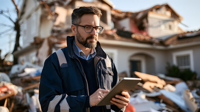 Professional insurance claims adjuster holding digital tablet assess property damage after destructive storm natural disaster wreckage ruins background male worker inspect debris outdoor insurance cla