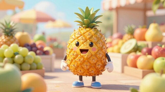 This cheerful cartoon pineapple character stands in a vibrant market, surrounded by fresh fruits. Ideal for fun, family-friendly designs and cheerful themes.