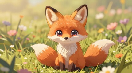 Obraz premium This charming cartoon fox sits in a sunlit meadow filled with vibrant flowers, showcasing a playful and adorable character perfect for children's illustrations or nature themes.
