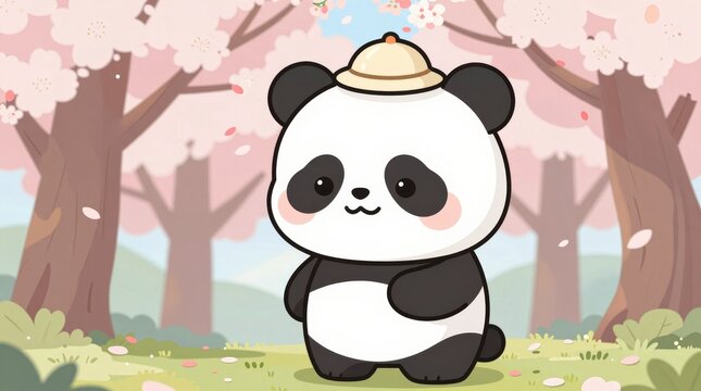 A charming cartoon panda stands in a serene cherry blossom forest, surrounded by pink petals. This delightful illustration captures the essence of spring and innocence.