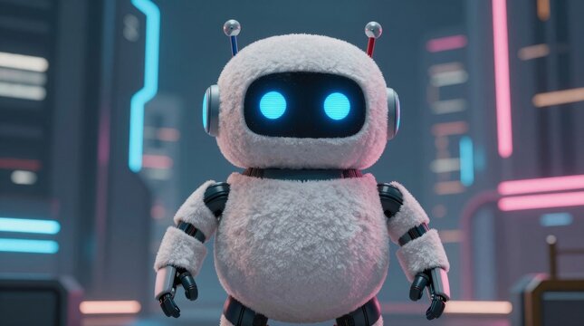 Discover a charming furry robot character in a vibrant futuristic setting. This playful design showcases innovation and technology in a fun, imaginative way.