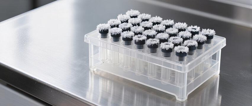 Cryogenic storage rack with capped laboratory sample tubes on steel surface