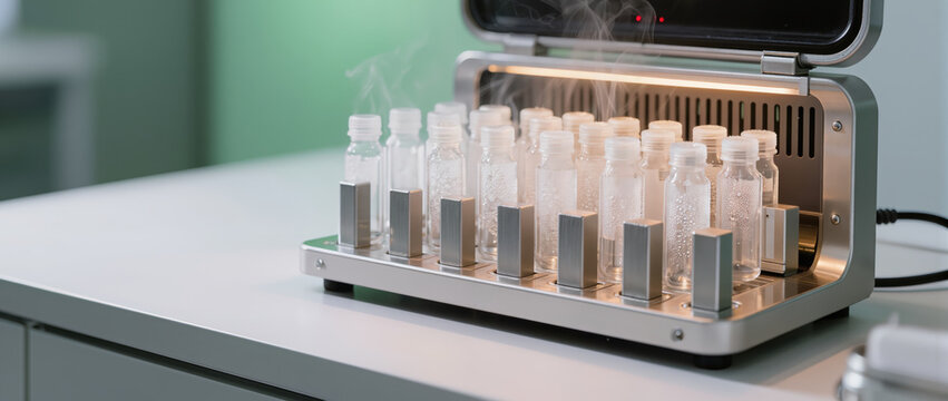 Cryogenic storage vial rack in laboratory equipment with sterile sample containers