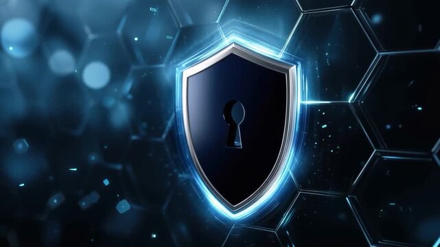 A digital shield with a keyhole emblem is illuminated against a dark, hexagonal background. ..Created with Generative AI, not depicting real subjects.