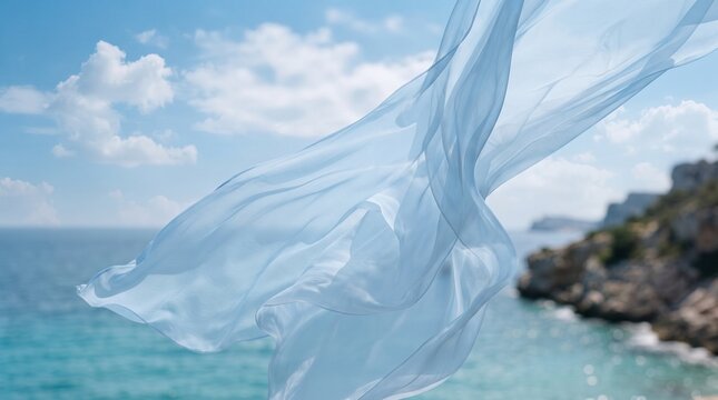 Dreamy summer background featuring lightweight fabric flying against the sea and clouds