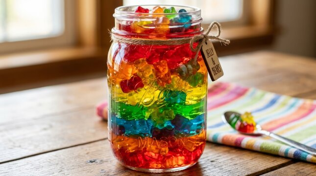 Colorful candy-filled mason jar with rainbow sprinkles and latch lid.