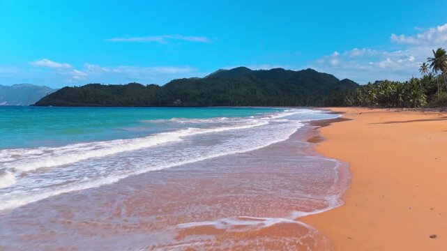Gentle ocean waves washing over a golden sand beach backed by palm trees and lush green mountains on the north coast of the Dominican Republic.