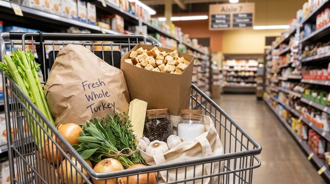 Thanksgiving grocery cart filled with turkey stuffing ingredients vegetables herbs in supermarket
