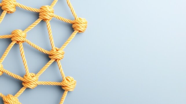 A close-up image of an orange rope net with multiple knots against a light blue background.
