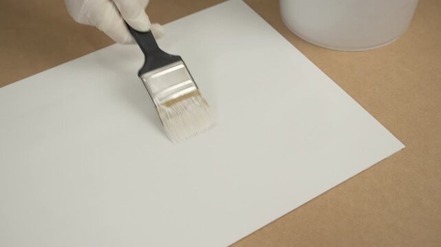 Gloved hand using a paintbrush to apply white paint or primer to a sheet of paper or board