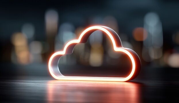 Glowing neon cloud icon representing cloud computing technology and digital data storage services against a blurred modern city night background