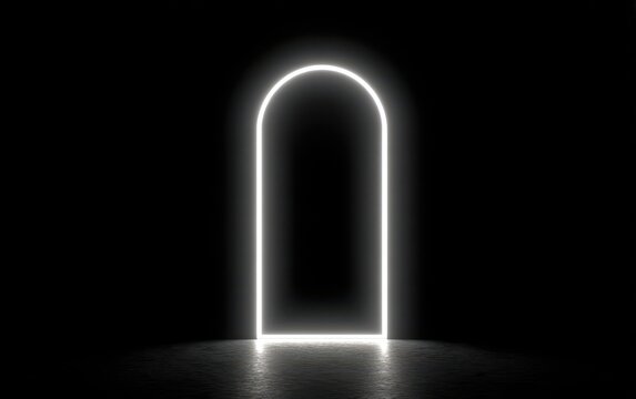 A glowing white archway neon light frame standing on a dark reflective surface isolated on a solid black background