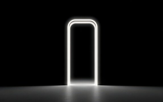 A glowing white neon archway standing in a dark empty room creating a mysterious portal to a bright unknown future destination