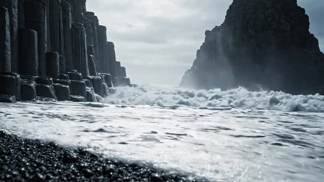 Dramatic Black Sand Beach with Basalt Columns and Crashing Waves