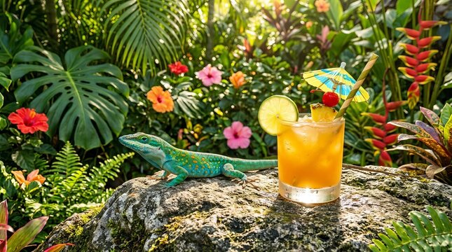 Tropical cocktail with colorful bird perched on rock in lush garden.