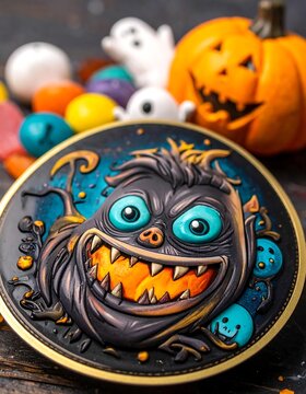 Halloween monster cookie with pumpkin and ghosts.