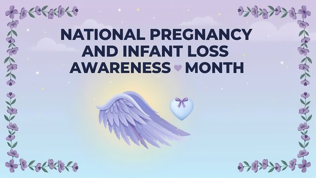 National pregnancy and infant loss awareness month banner with purple ribbon and angel wings