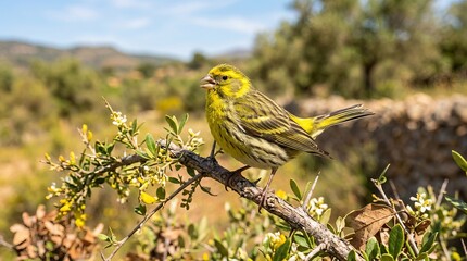 Obraz premium Bright yellow warbler perched on a small green branch outdoors.