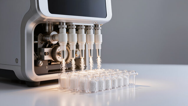 Pharmaceutical industry automation system dispensing liquid into vial