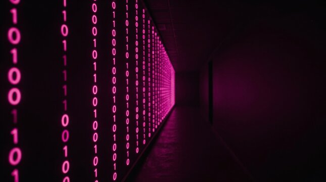 Explore a captivating futuristic tunnel illuminated by luminous pink binary code. This digital artwork symbolizes technology, data, and the future of information.