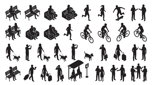 Isometric City Leisure Silhouette Set with Park Benches, Cyclists, Joggers and Bus Stop Travelers for Urban Lifestyle Infographics, Travel Websites and Public Space Design