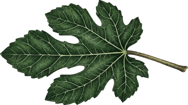 Fig leaf illustration, detailed botanical drawing of a green Ficus carica leaf isolated on white background
