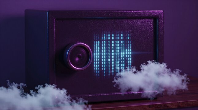 A digital safe illuminated by glowing binary codes creates a mysterious atmosphere with fog. This image represents modern security and data protection innovation.