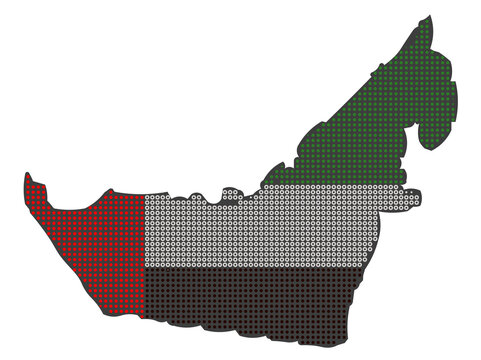 Halftone dot UAE map outline with national flag pattern, pixelated country map graphic, digital halftone map element on white background