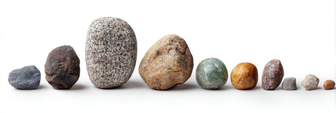 A collection of various natural stones and pebbles of different sizes and textures arranged in a row on a white background
