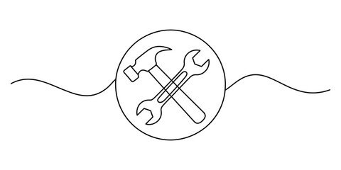 Obraz premium Continuous line drawing of a hammer and wrench icon