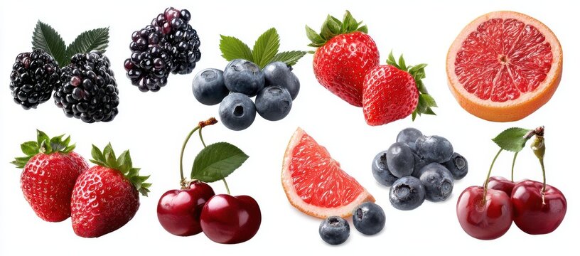 A collection of fresh assorted berries and citrus fruits including strawberries blackberries cherries blueberries and grapefruit isolated on white background