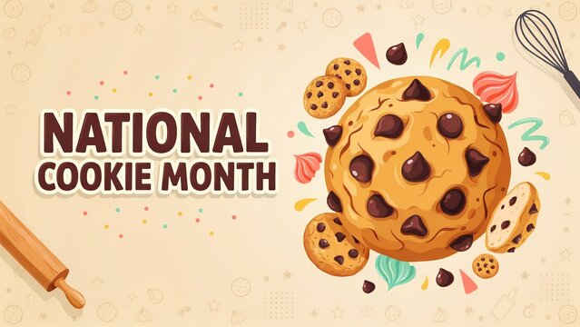 National cookie month banner with chocolate chip cookies and baking tools on a light green background