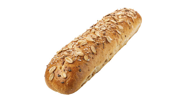 Whole freshly baked organic multigrain baguette loaf isolated on transparent background