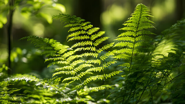 Sunlit green ferns Polypodiopsida with delicate fronds in a lush forest undergrowth glowing in morning light nature background for environmental design wallpaper ecology conservation and calm outdoor