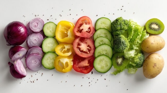 Top view of a colorful arrangement of sliced fresh vegetables and fruits organized in rows on a clean white background