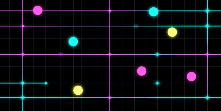 Abstract digital background featuring glowing colorful neon circles arranged on a dark grid pattern with vibrant light lines and particle effects
