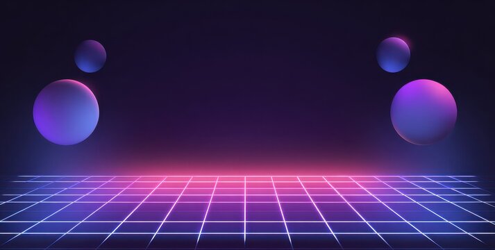 Abstract neon background featuring a glowing perspective grid floor and floating spheres in a dark futuristic space setting for digital product display