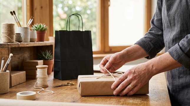 Artisan hands tying a parcel at a small business worktable