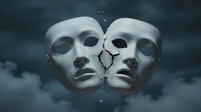 This artwork features two broken masks symbolizing the duality of human emotion. The surreal design evokes feelings of conflict and introspection, set against a dramatic sky.