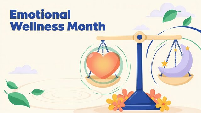 Emotional wellness month concept with heart and moon balance scale illustration
