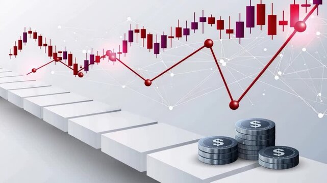Financial growth chart depicted with rising candlestick graph and stacks of coins ascending on white steps. ..Created with Generative AI, not depicting real subjects.