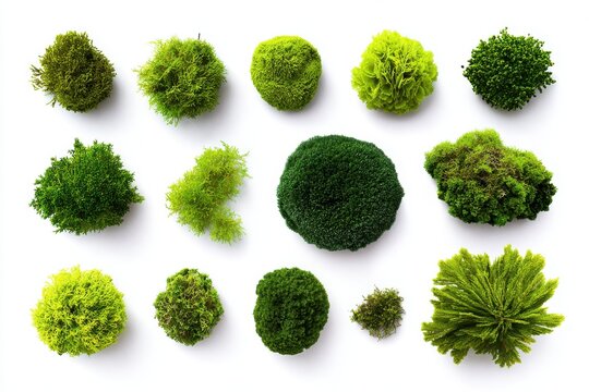 Top down view of various green succulent plants arranged on a clean white background for design