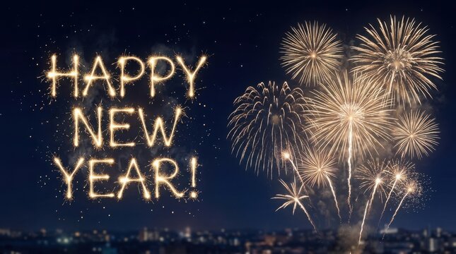 Sparkler text HAPPY NEW YEAR during fireworks display over city skyline at night