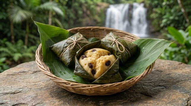 Traditional Ecuadorian Quimbolitos Steamed Cakes in Achira Leaves on Rattan Basket