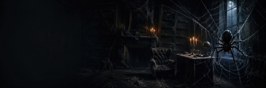 Spooky abandoned mansion interior with giant spider on cobweb, old armchair, burning candles and full moon through window. Dark haunted house room. Banner with copy space