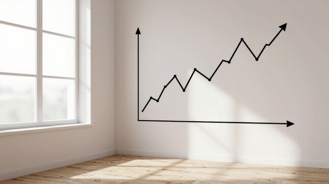 A minimalistic room showcases a graph illustrating growth trends on a wall, bathed in natural light. Ideal for themes of success, business, and motivation.